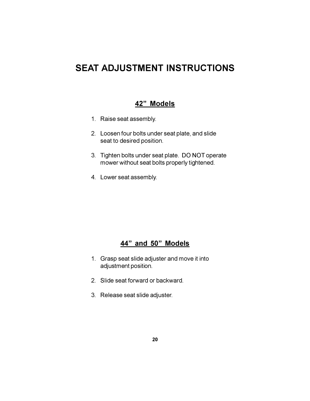 Dixon 17823-106 manual Seat Adjustment Instructions, Models 