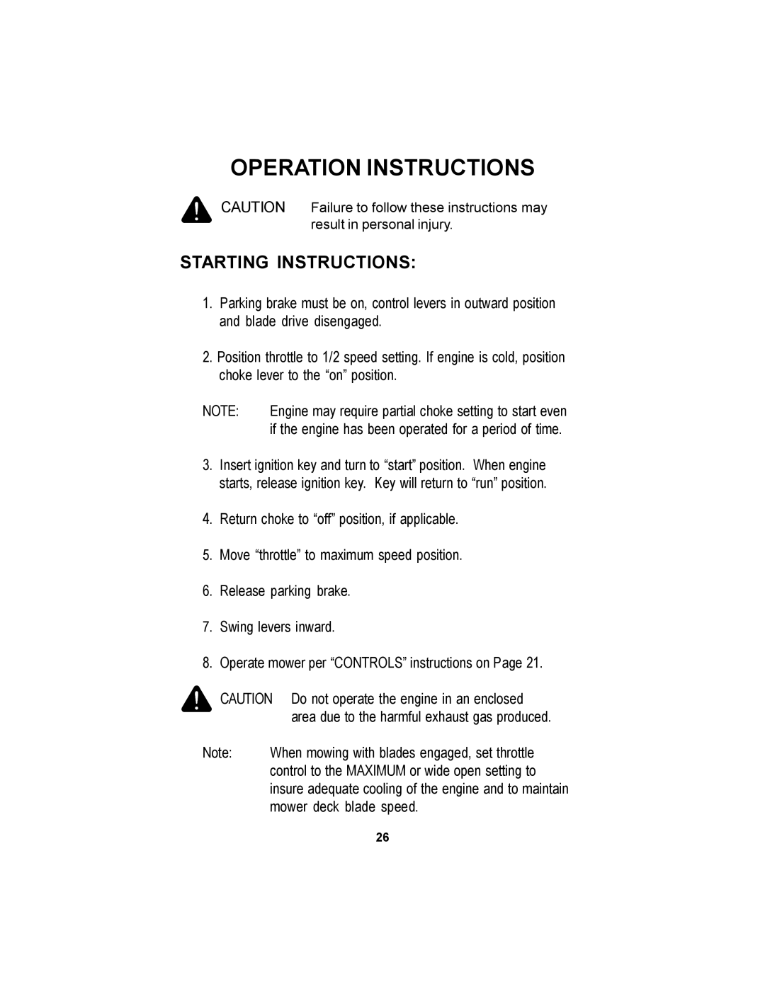 Dixon 17823-106 manual Starting Instructions 