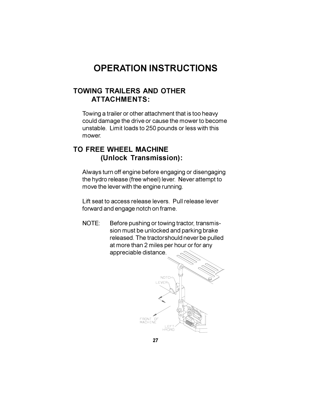 Dixon 17823-106 manual Towing Trailers and Other Attachments, To Free Wheel Machine Unlock Transmission 