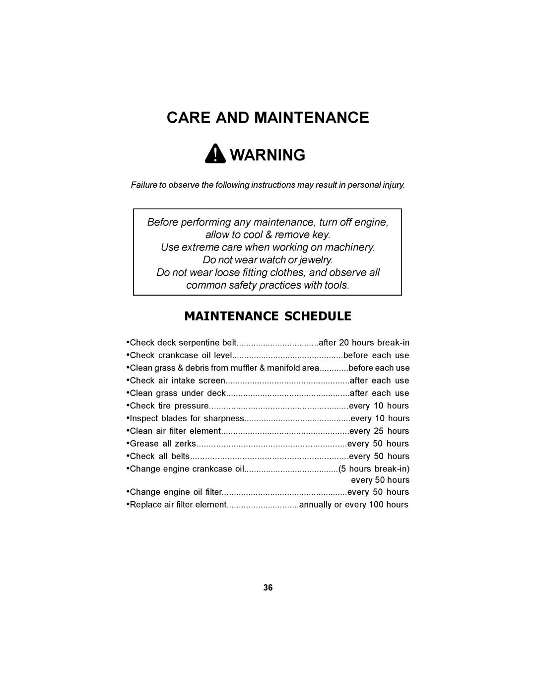 Dixon 17823-106 manual Care and Maintenance, Maintenance Schedule 