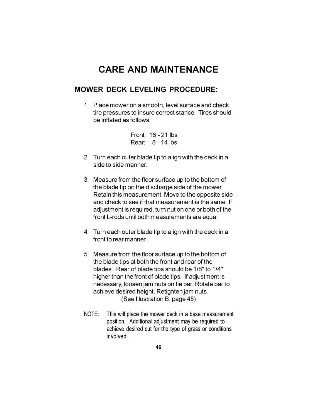 Dixon 17823-106 manual Mower Deck Leveling Procedure 