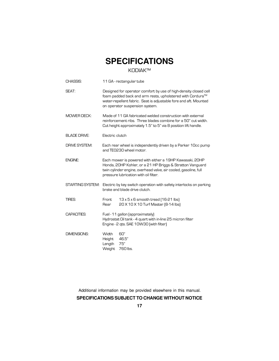 Dixon 18124-0804 manual Specifications, Kodiak 