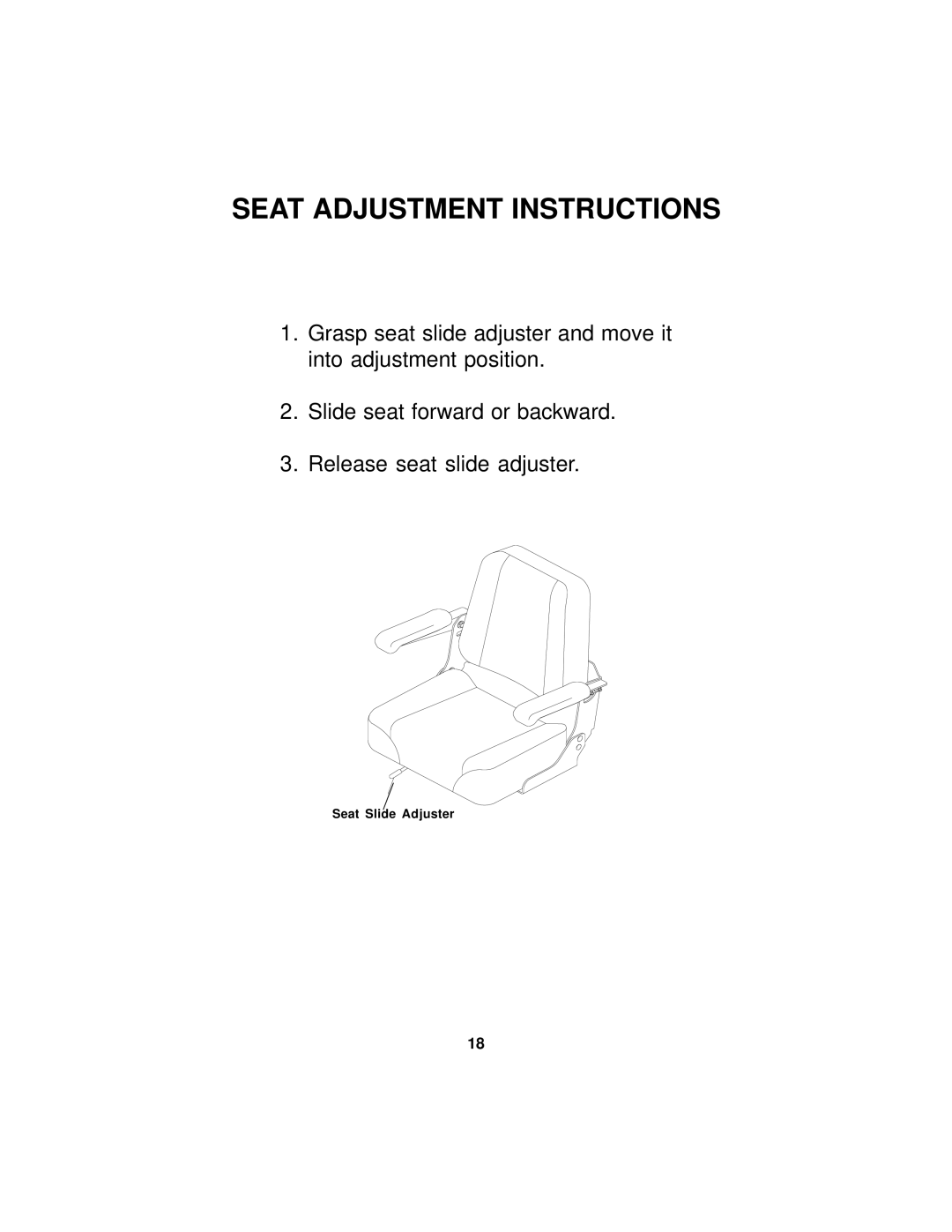 Dixon 18124-0804 manual Seat Adjustment Instructions 