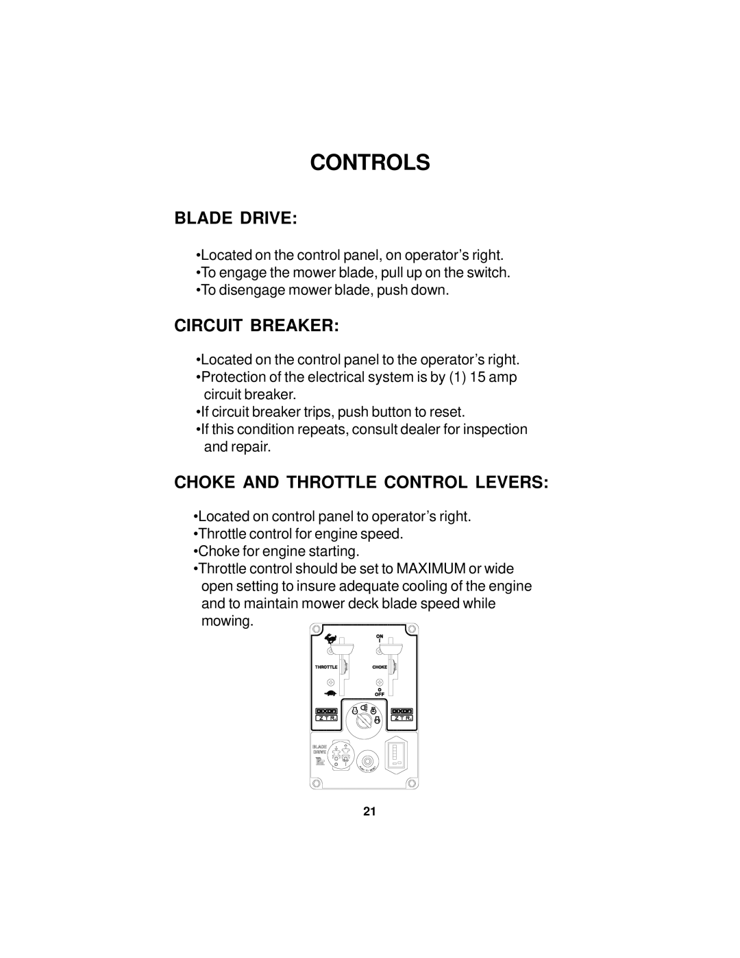 Dixon 18124-0804 manual Blade Drive, Circuit Breaker, Choke and Throttle Control Levers 