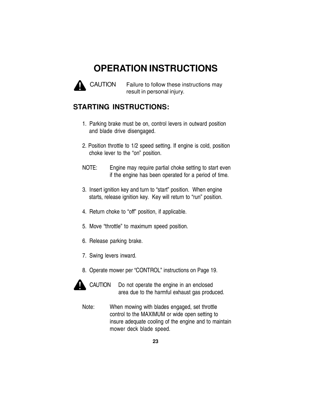 Dixon 18124-0804 manual Starting Instructions 