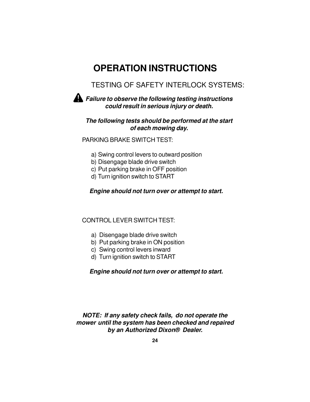 Dixon 18124-0804 manual Testing of Safety Interlock Systems, Parking Brake Switch Test 