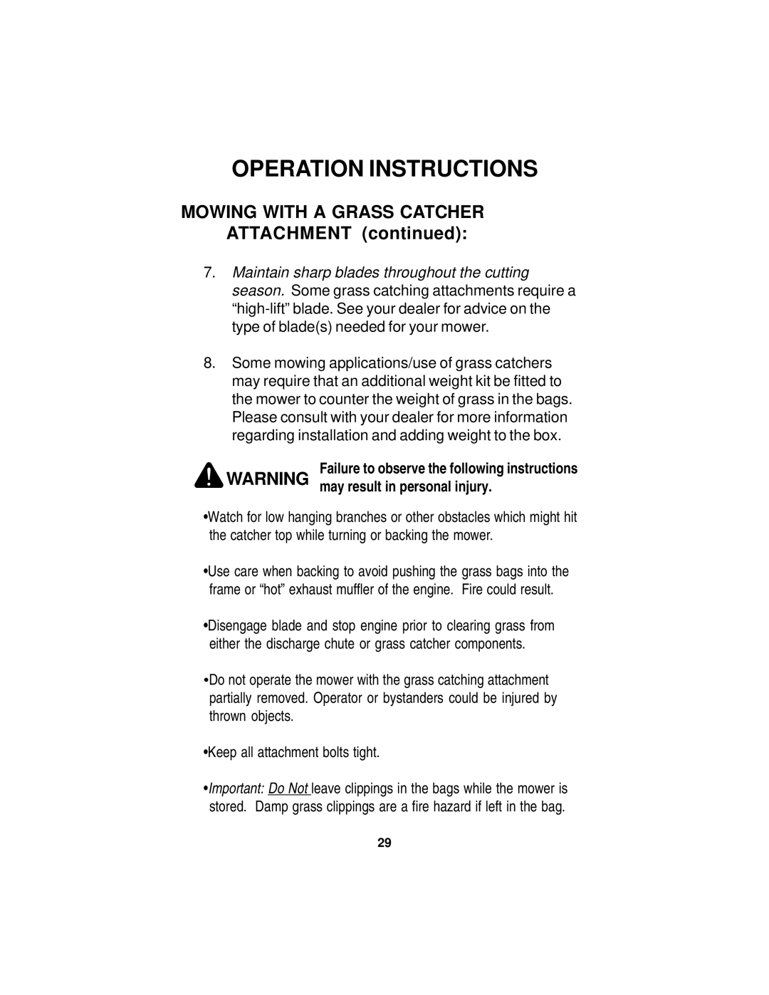 Dixon 18124-0804 manual Mowing with a Grass Catcher Attachment, Failure to observe the following instructions 