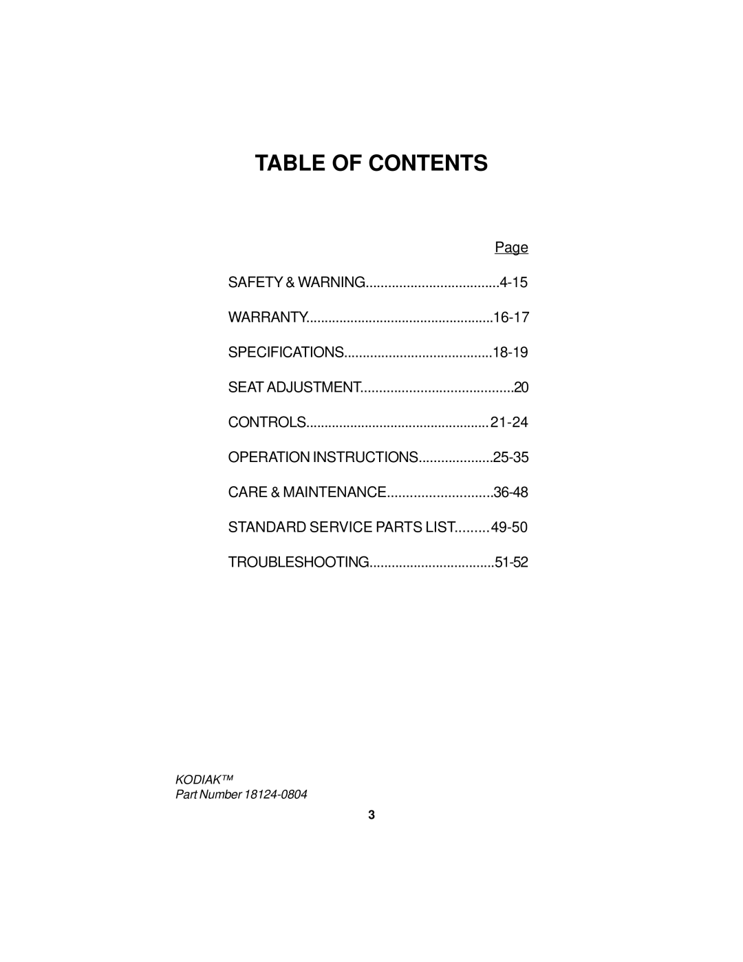 Dixon 18124-0804 manual Table of Contents 