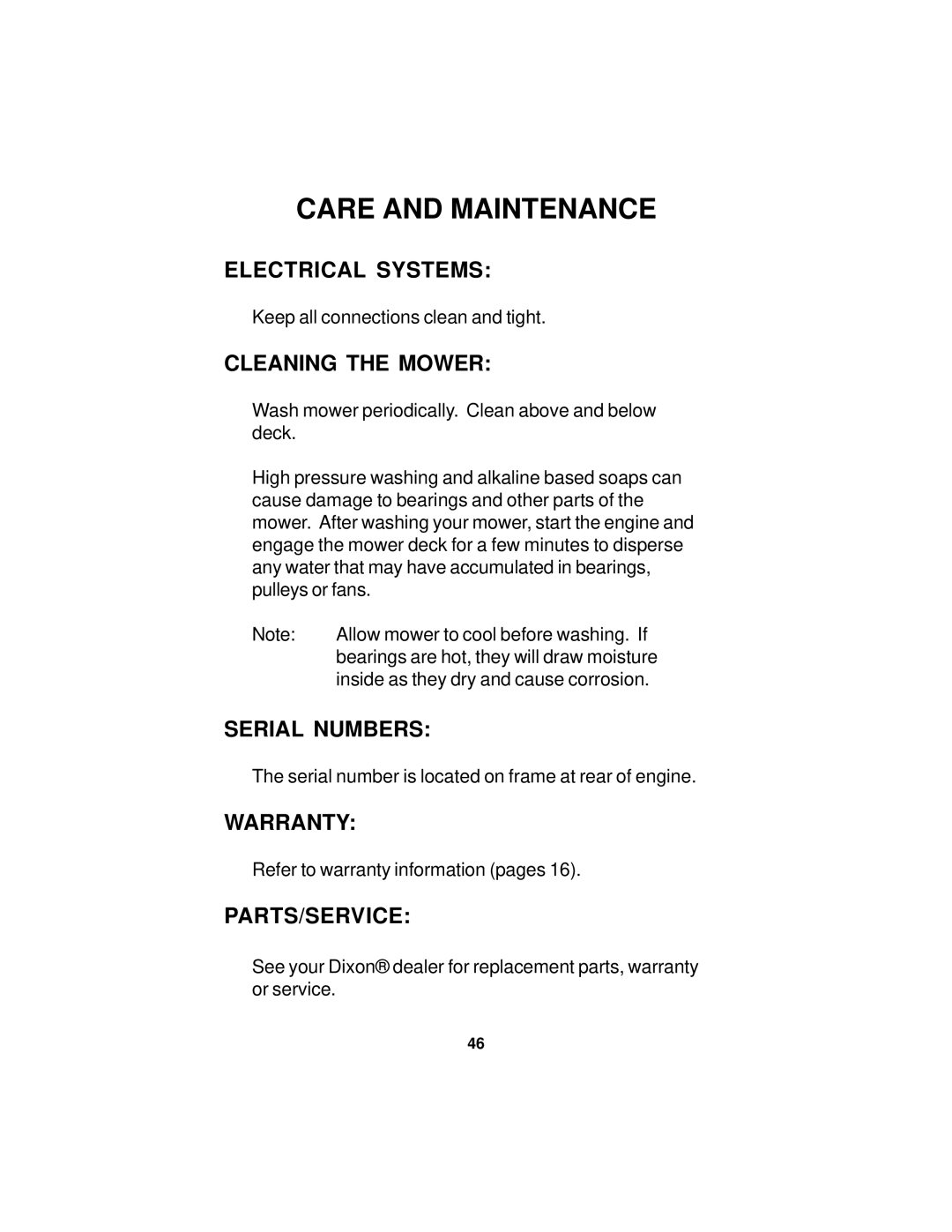 Dixon 18124-0804 manual Electrical Systems, Cleaning the Mower, Serial Numbers, Warranty, Parts/Service 