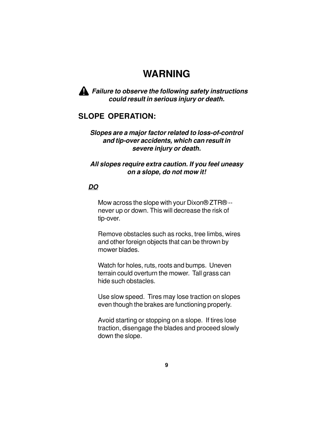 Dixon 18124-0804 manual Slope Operation 