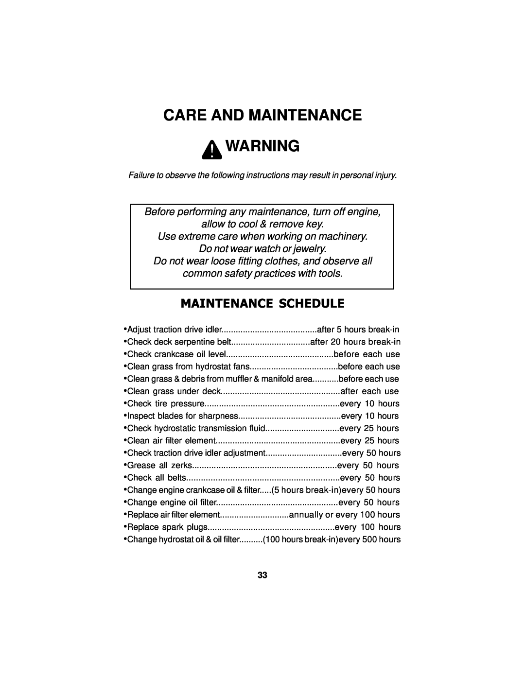 Dixon 18124-0804 manual Care And Maintenance, Maintenance Schedule, Before performing any maintenance, turn off engine 