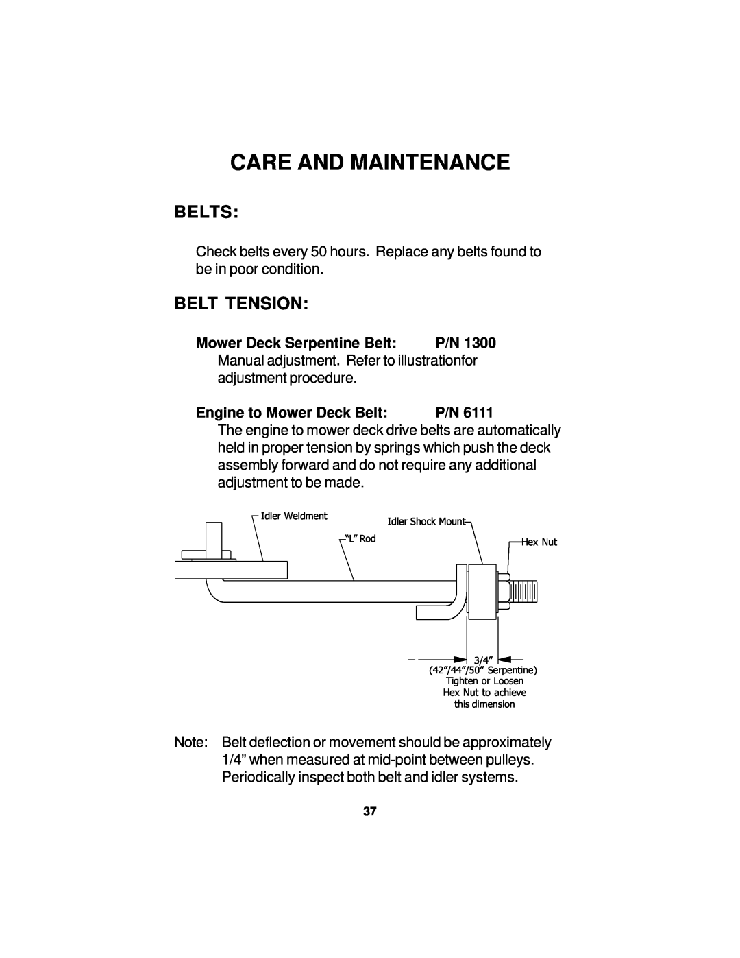 Dixon 18124-0804 manual Belts, Belt Tension, Care And Maintenance, Mower Deck Serpentine Belt, adjustment procedure 