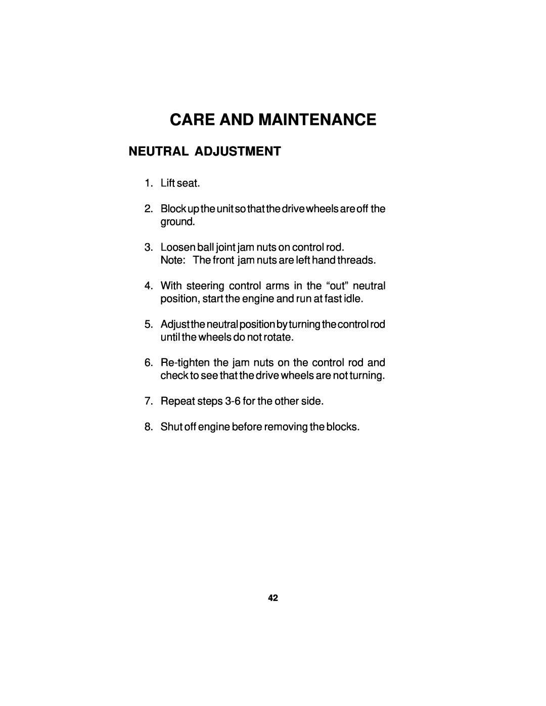Dixon 18124-0804 manual Neutral Adjustment, Care And Maintenance 