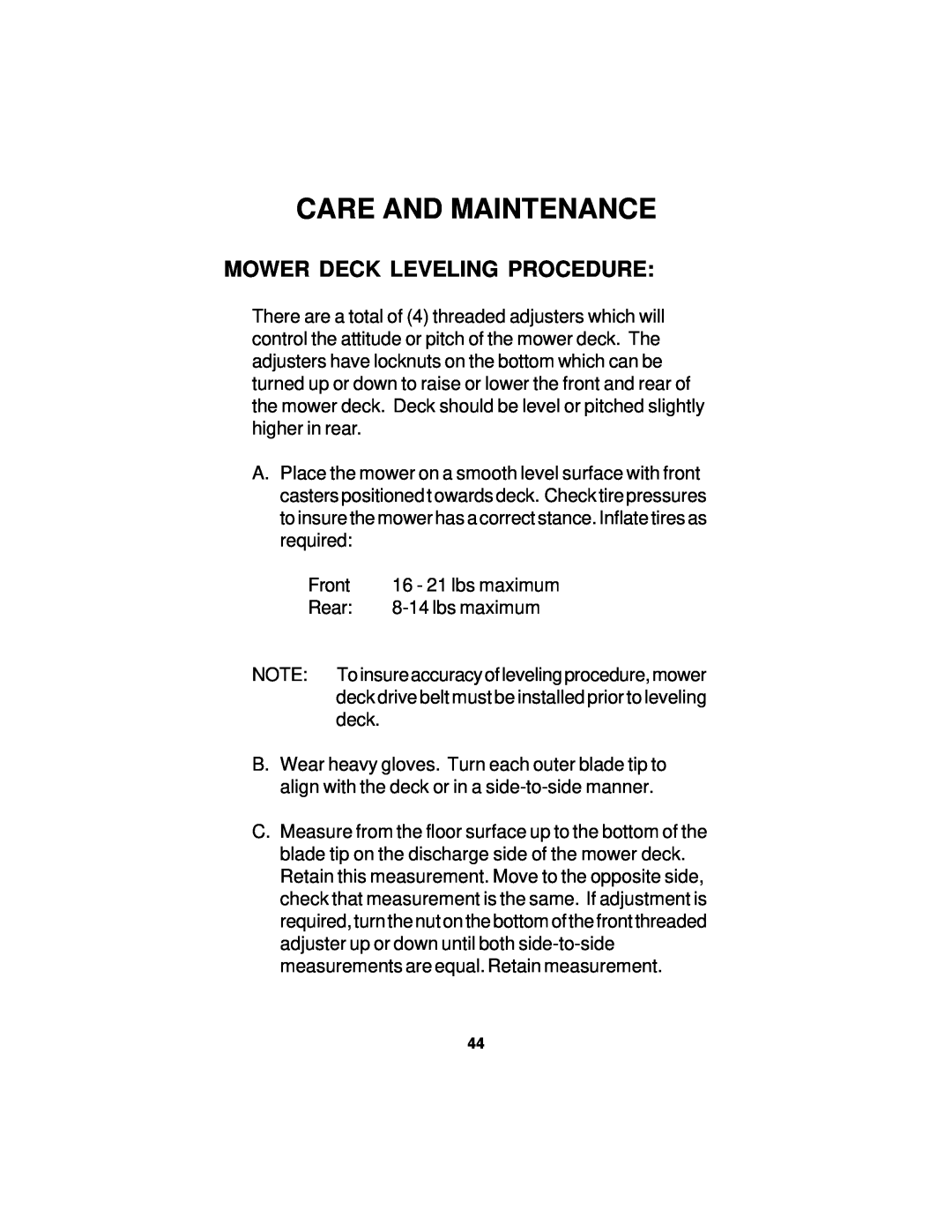 Dixon 18124-0804 manual Mower Deck Leveling Procedure, Care And Maintenance 