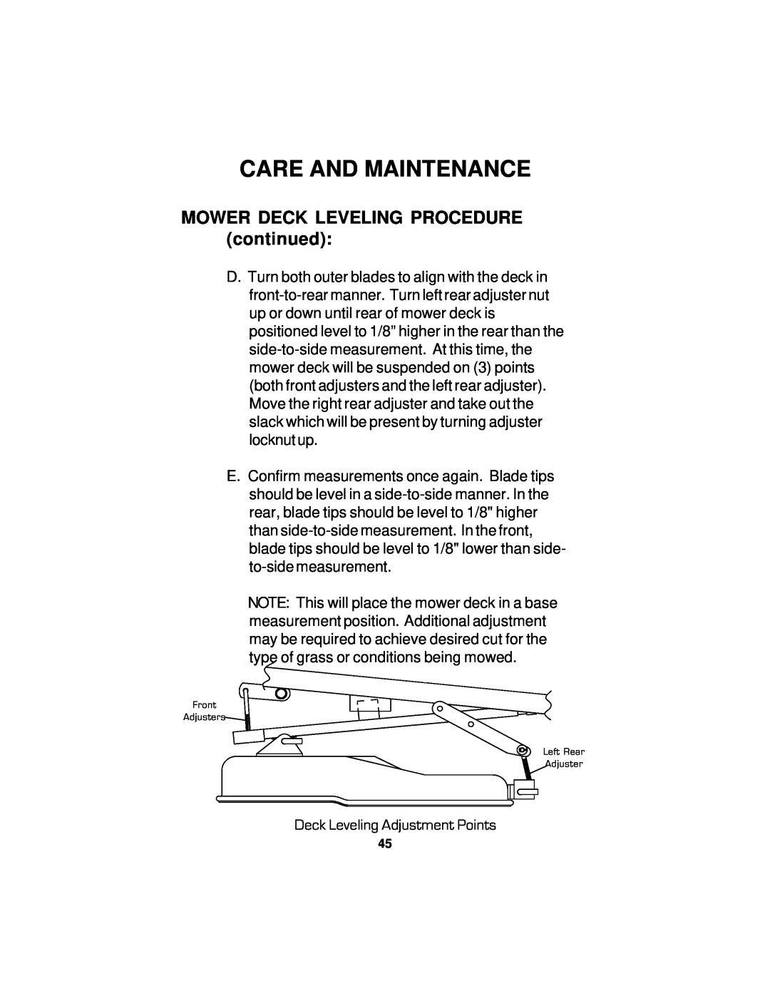 Dixon 18124-0804 manual MOWER DECK LEVELING PROCEDURE continued, Care And Maintenance, Deck Leveling Adjustment Points 