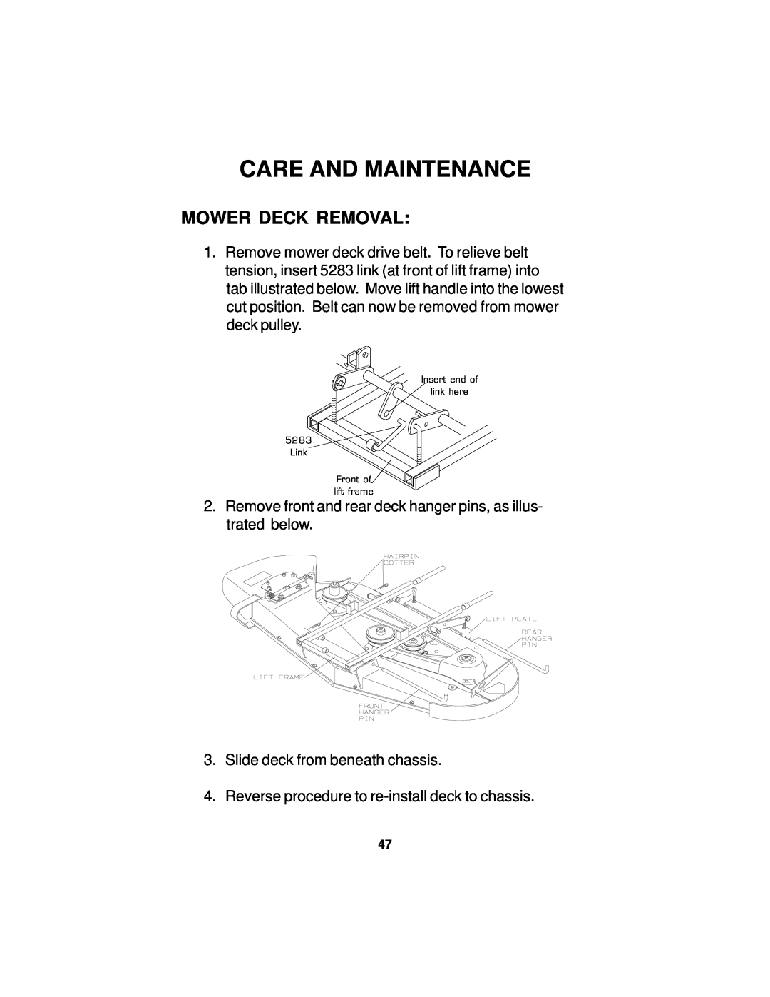 Dixon 18124-0804 manual Mower Deck Removal, Care And Maintenance 