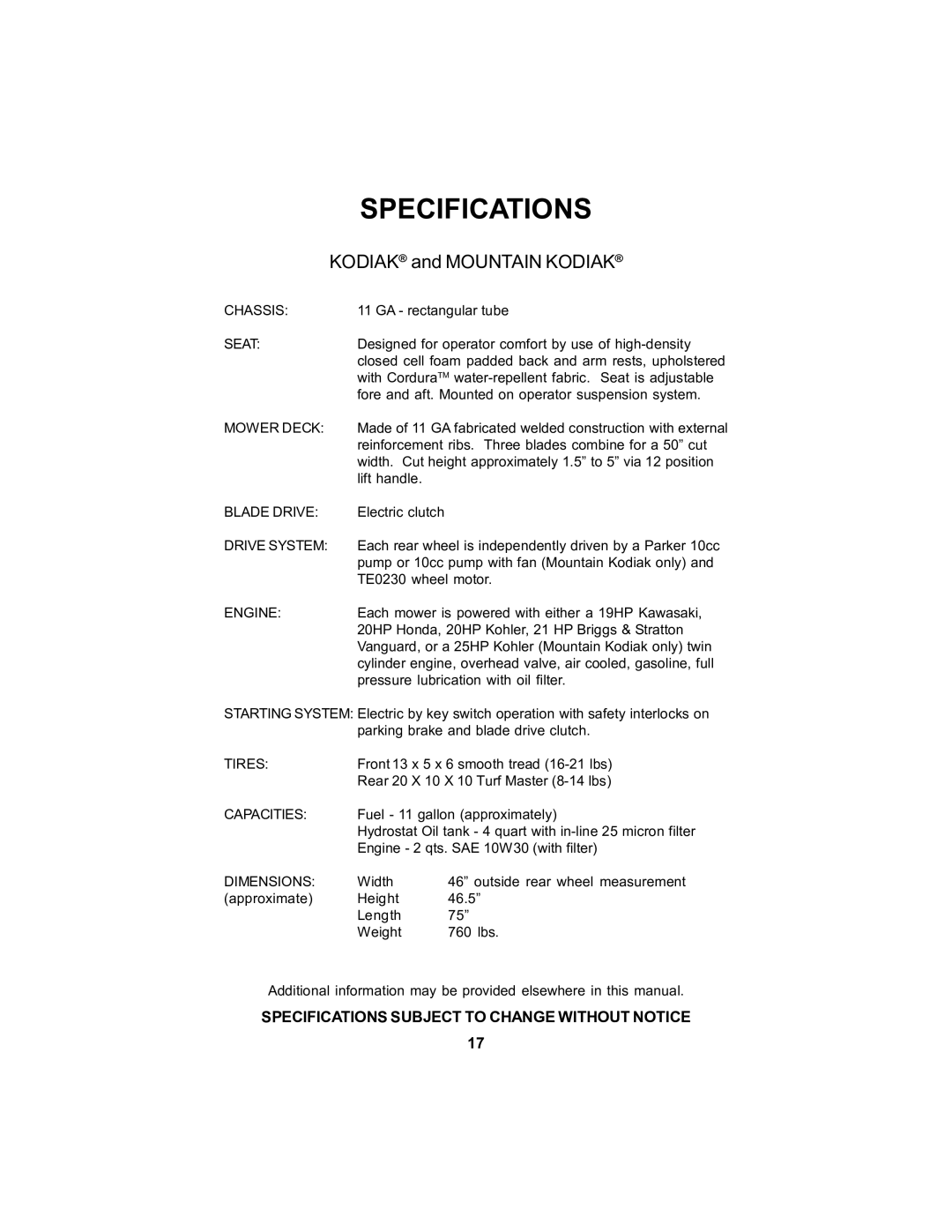 Dixon 18124-106 manual Specifications, Kodiak and Mountain Kodiak 