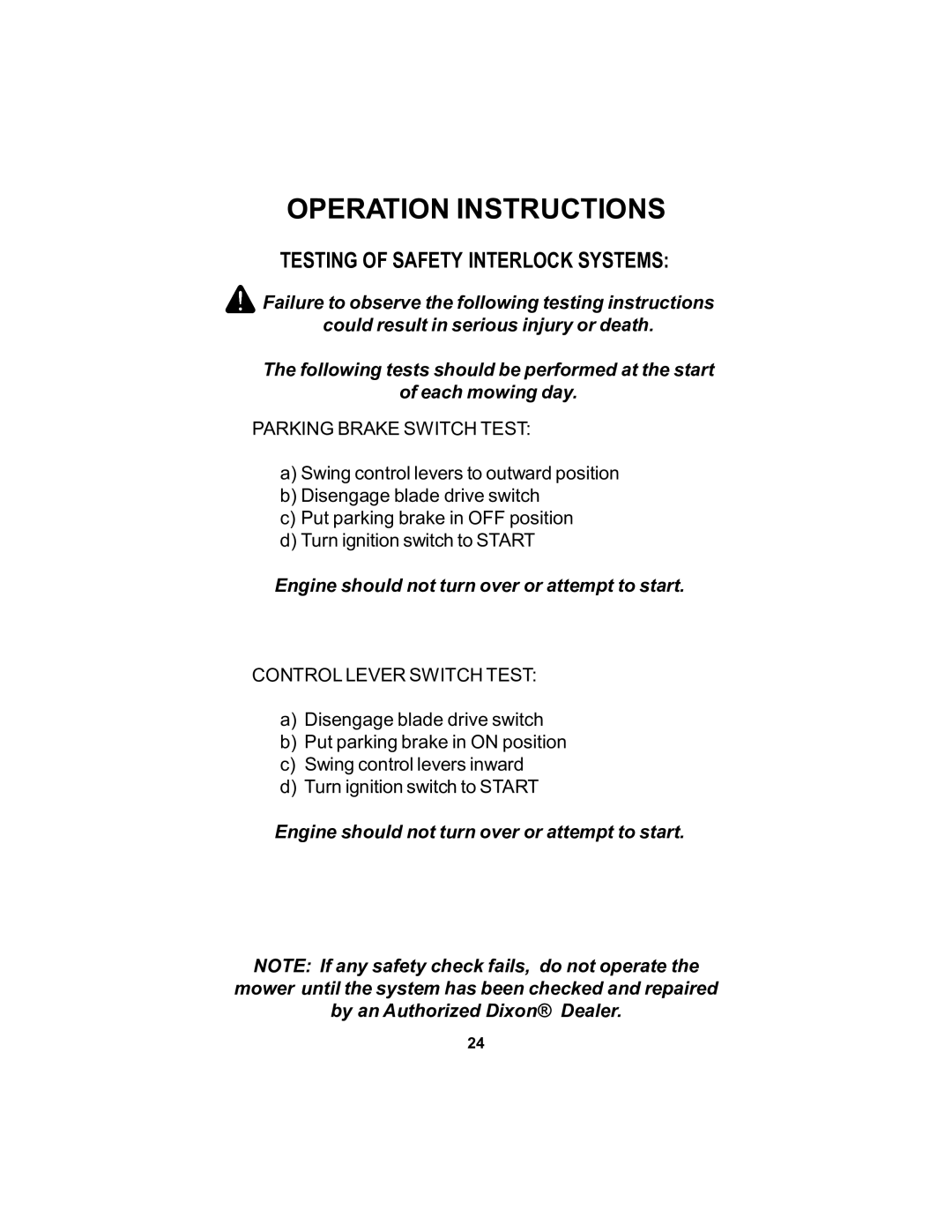 Dixon 18124-106 manual Testing of Safety Interlock Systems, Parking Brake Switch Test 