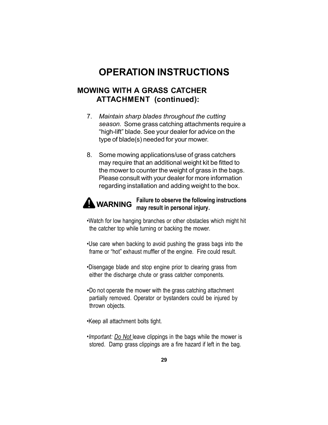 Dixon 18124-106 manual Mowing with a Grass Catcher Attachment, Failure to observe the following instructions 