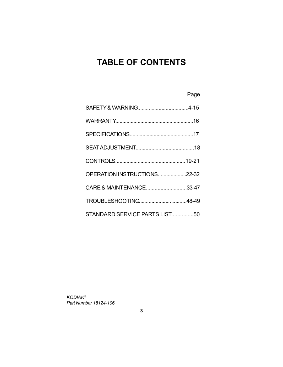 Dixon 18124-106 manual Table of Contents 