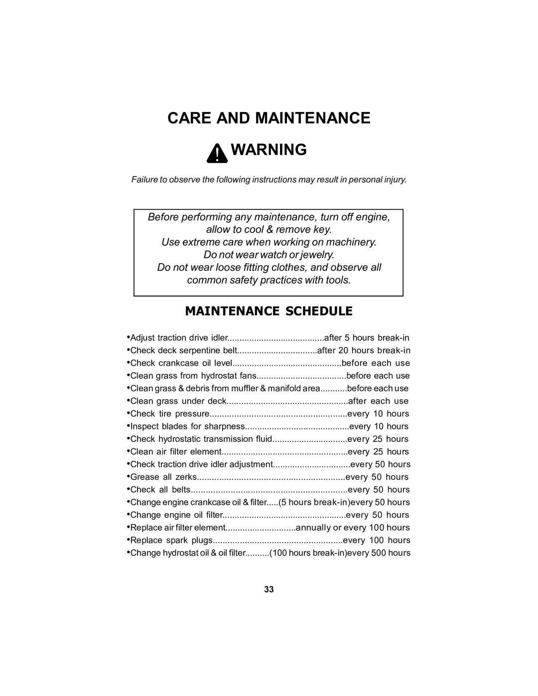 Dixon 18124-106 manual Care and Maintenance, Maintenance Schedule 