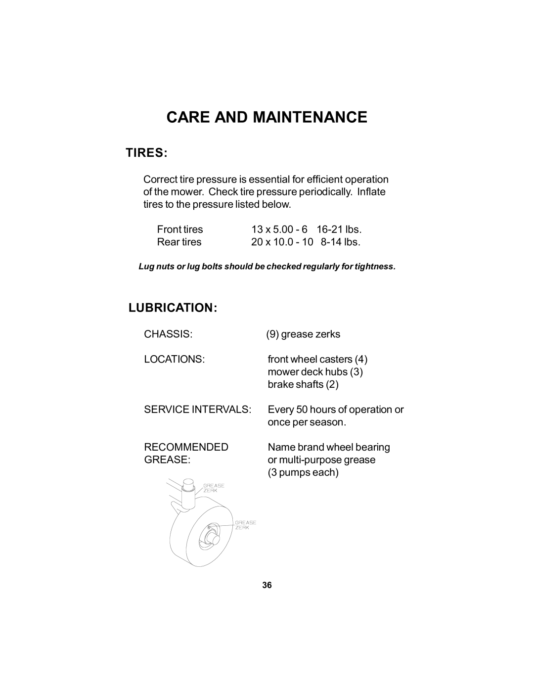 Dixon 18124-106 manual Tires, Lubrication 