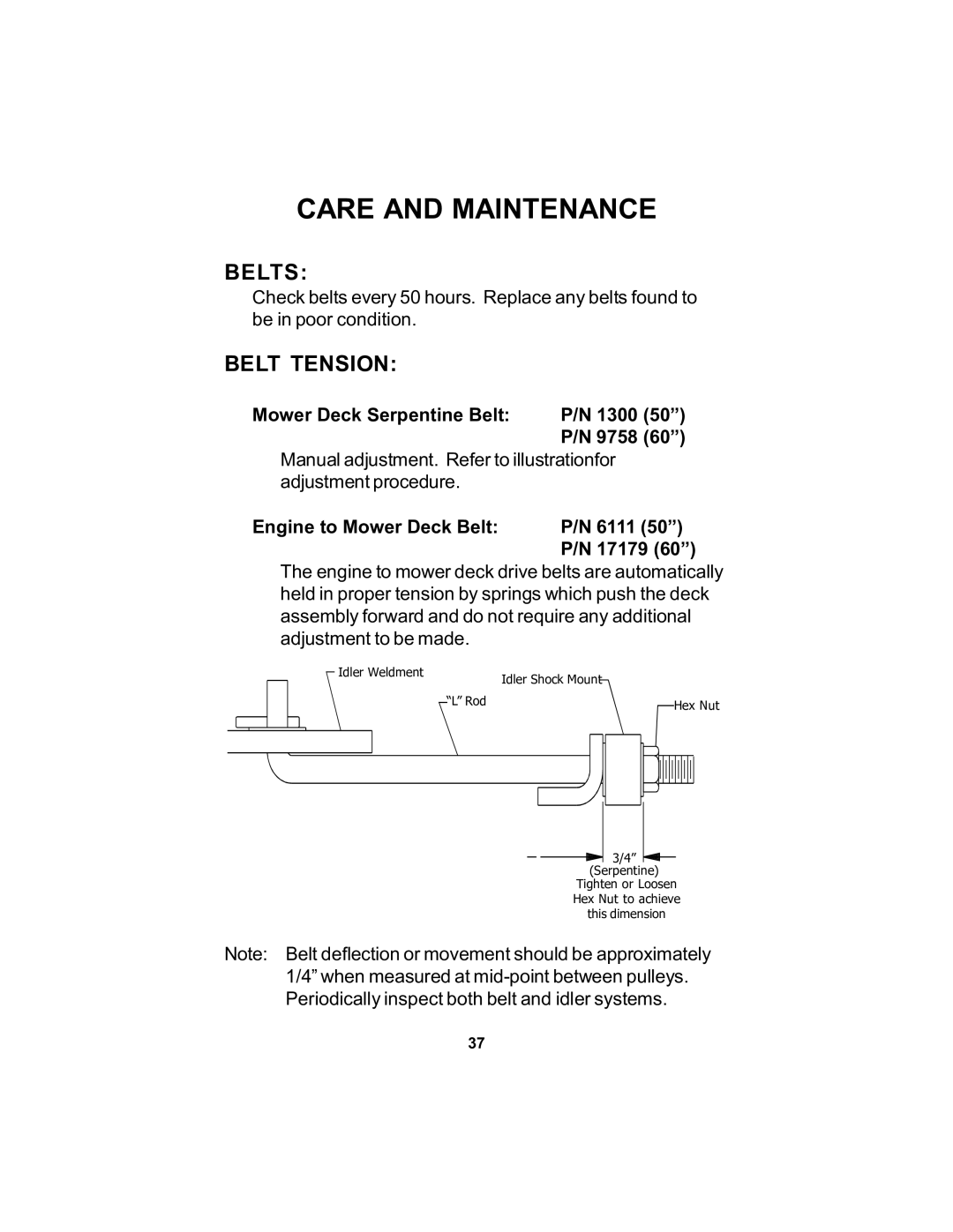 Dixon 18124-106 manual Belts, Belt Tension 