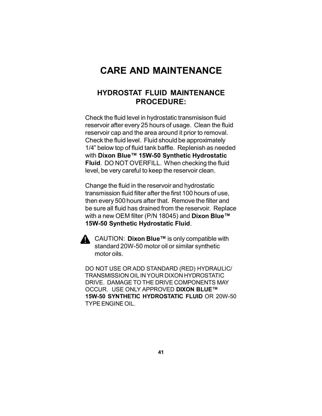 Dixon 18124-106 manual Hydrostat Fluid Maintenance Procedure 