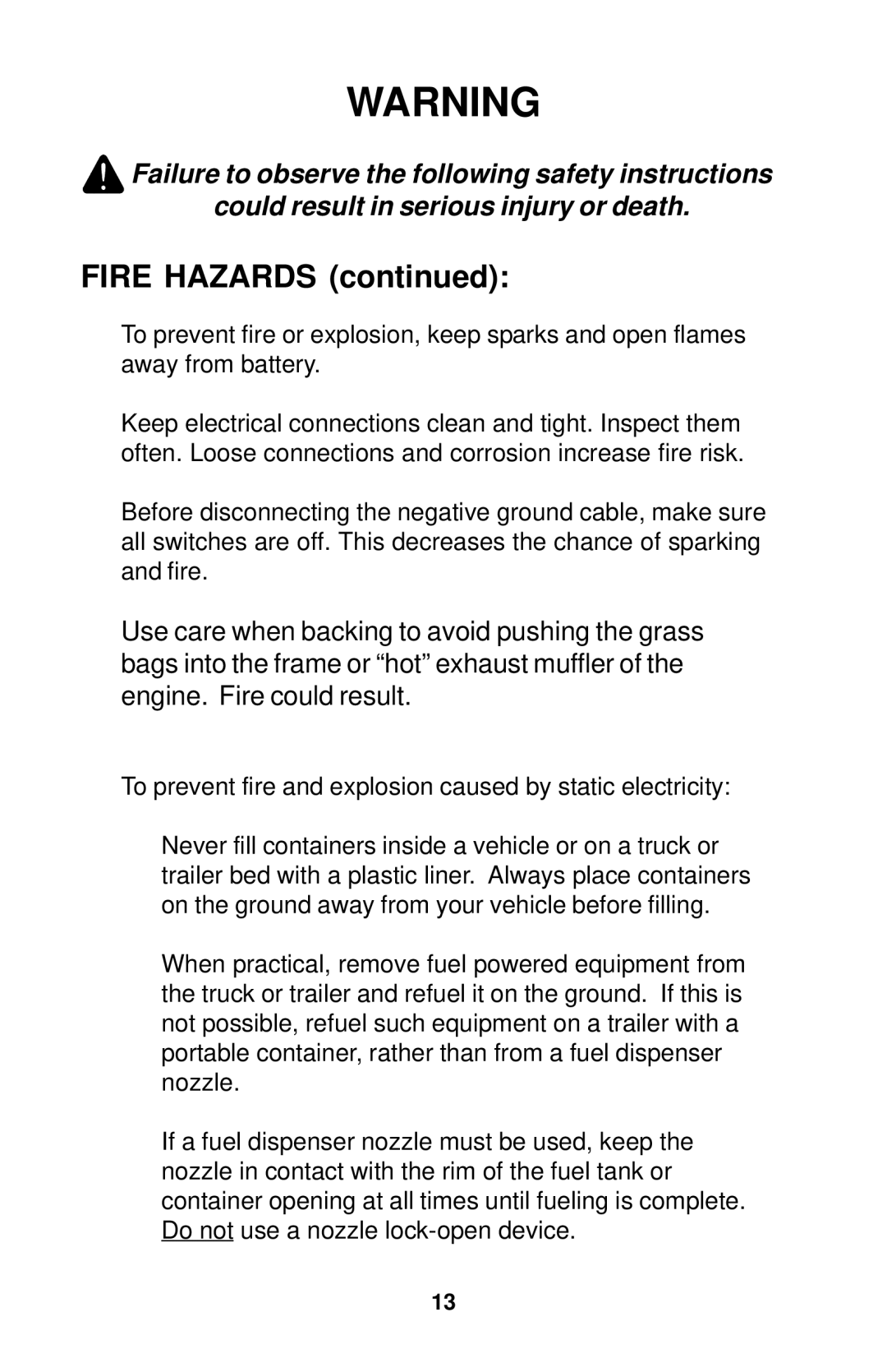 Dixon 18134-1004 manual Fire Hazards 