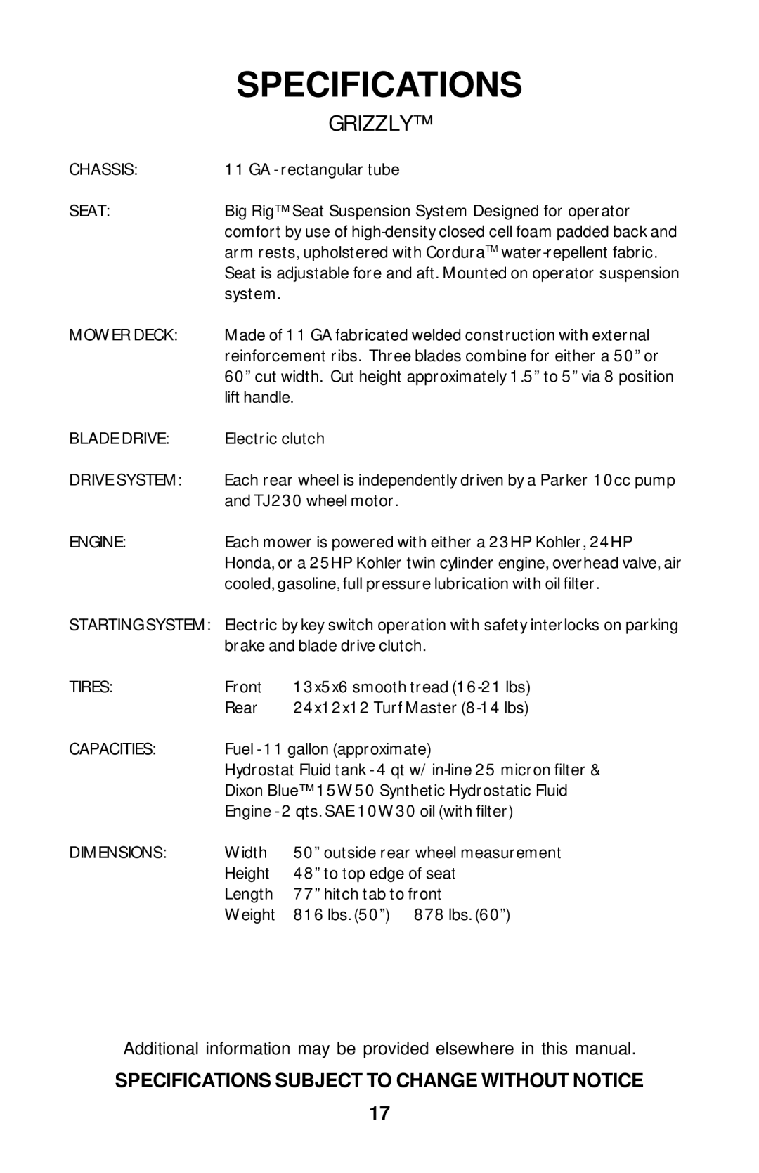 Dixon 18134-1004 manual Specifications, Grizzly 