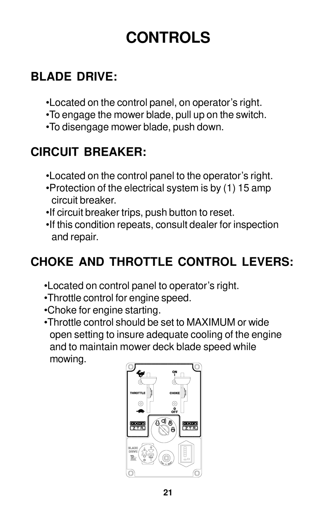 Dixon 18134-1004 manual Blade Drive, Circuit Breaker, Choke and Throttle Control Levers 