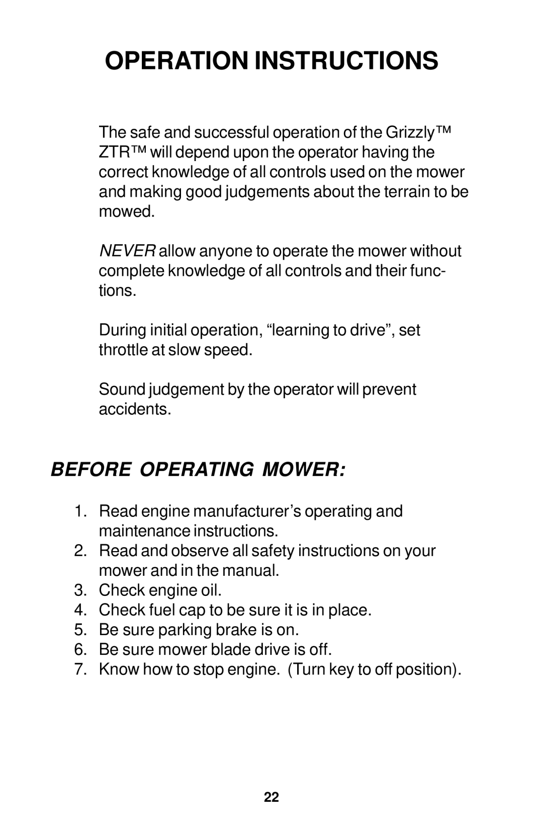 Dixon 18134-1004 manual Operation Instructions, Before Operating Mower 