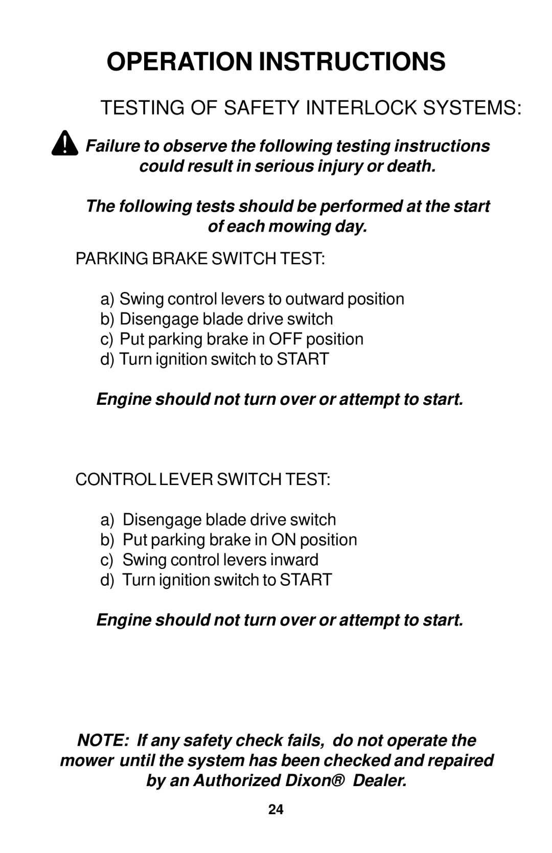 Dixon 18134-1004 manual Testing of Safety Interlock Systems, Parking Brake Switch Test 