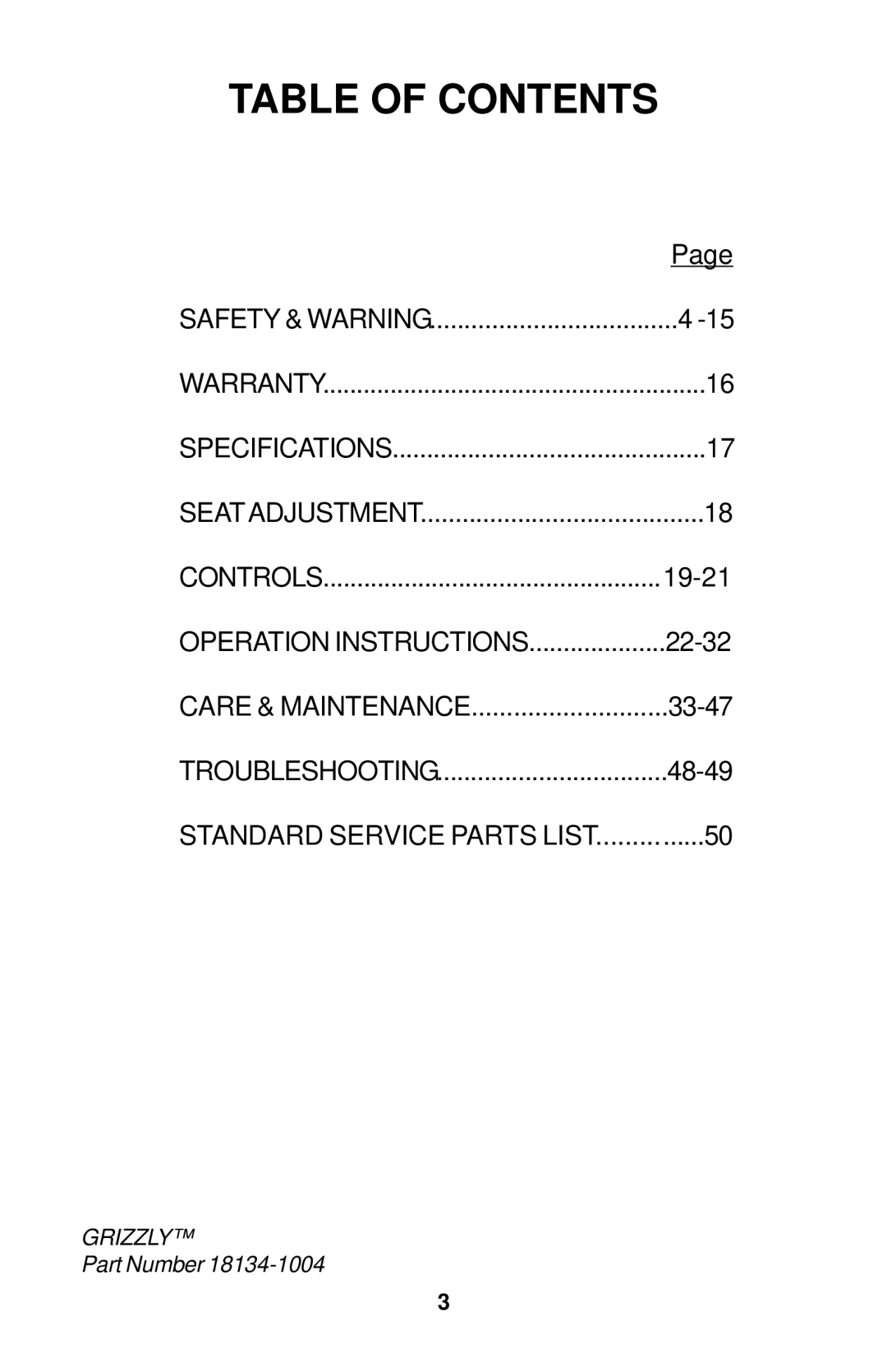 Dixon 18134-1004 manual Table of Contents 