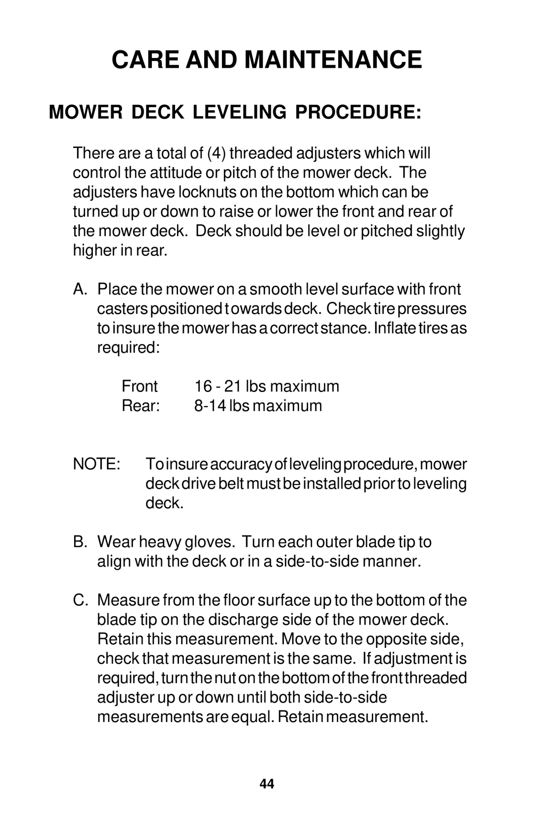 Dixon 18134-1004 manual Mower Deck Leveling Procedure 