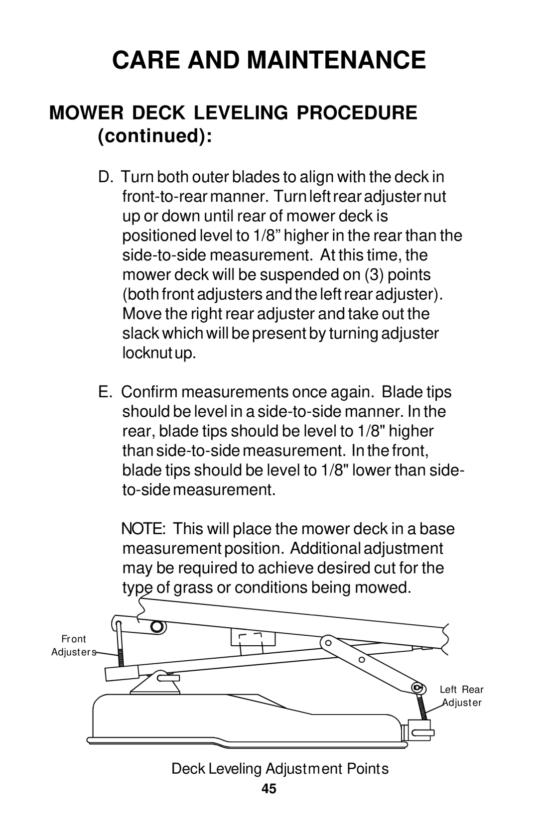 Dixon 18134-1004 manual Mower Deck Leveling Procedure 