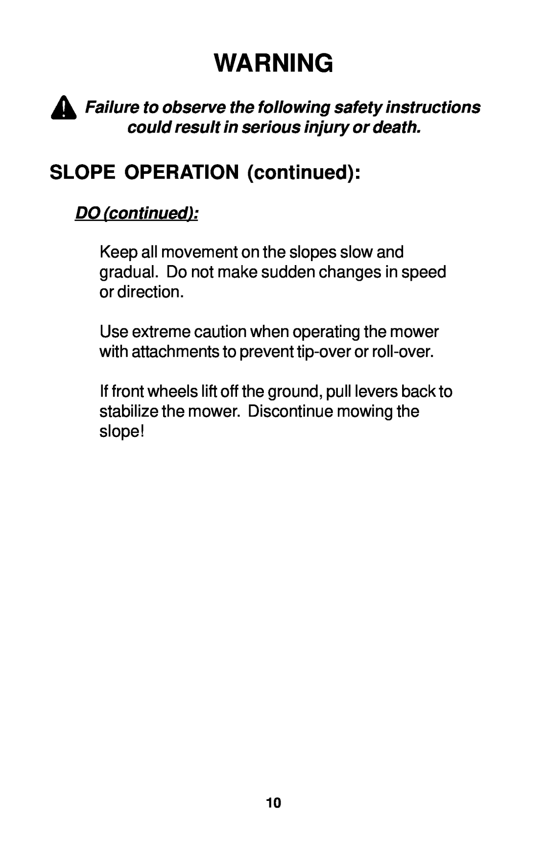 Dixon 18134-1004 manual SLOPE OPERATION continued, DO continued 