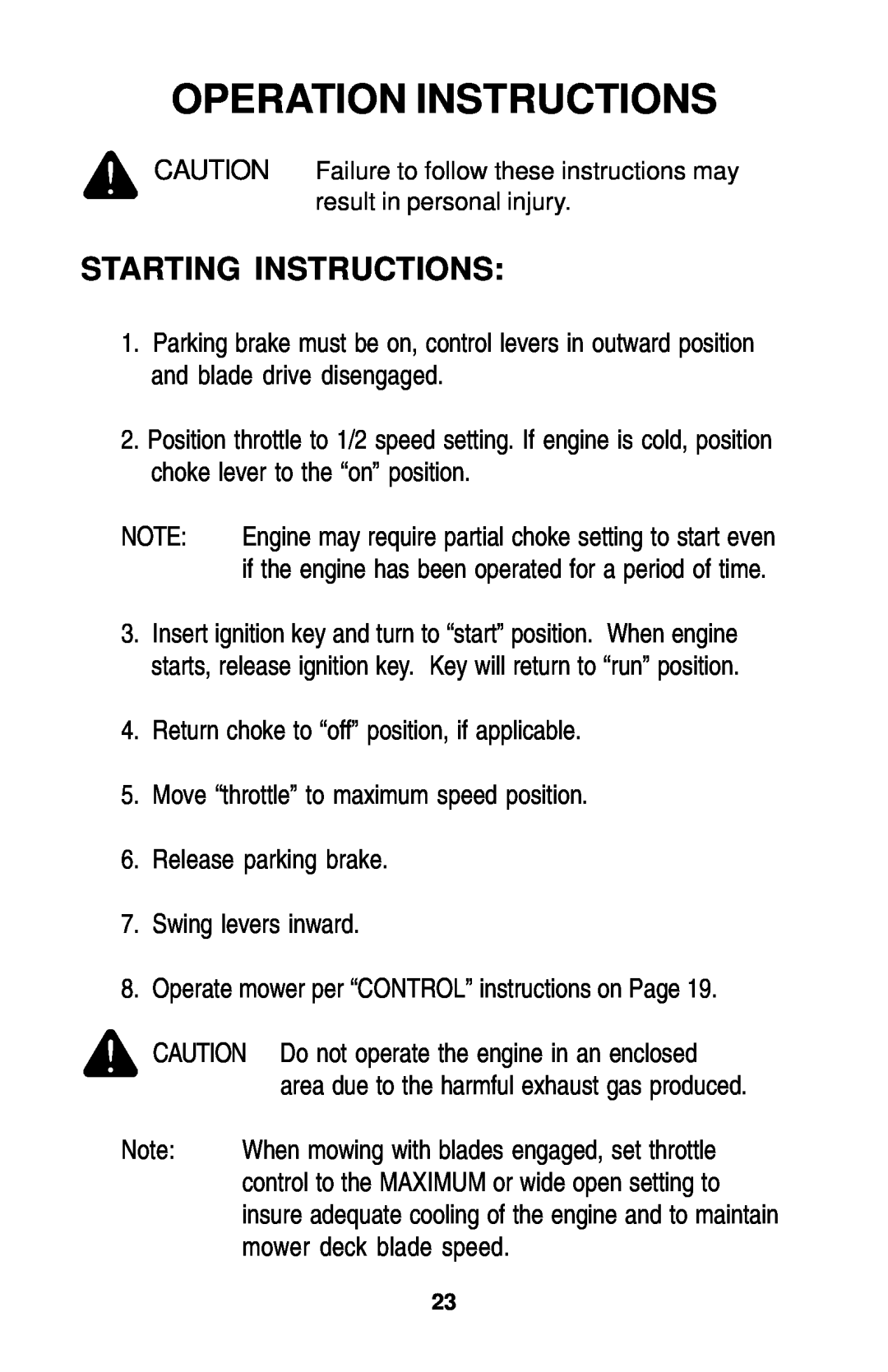 Dixon 18134-1004 manual Starting Instructions, Operation Instructions 