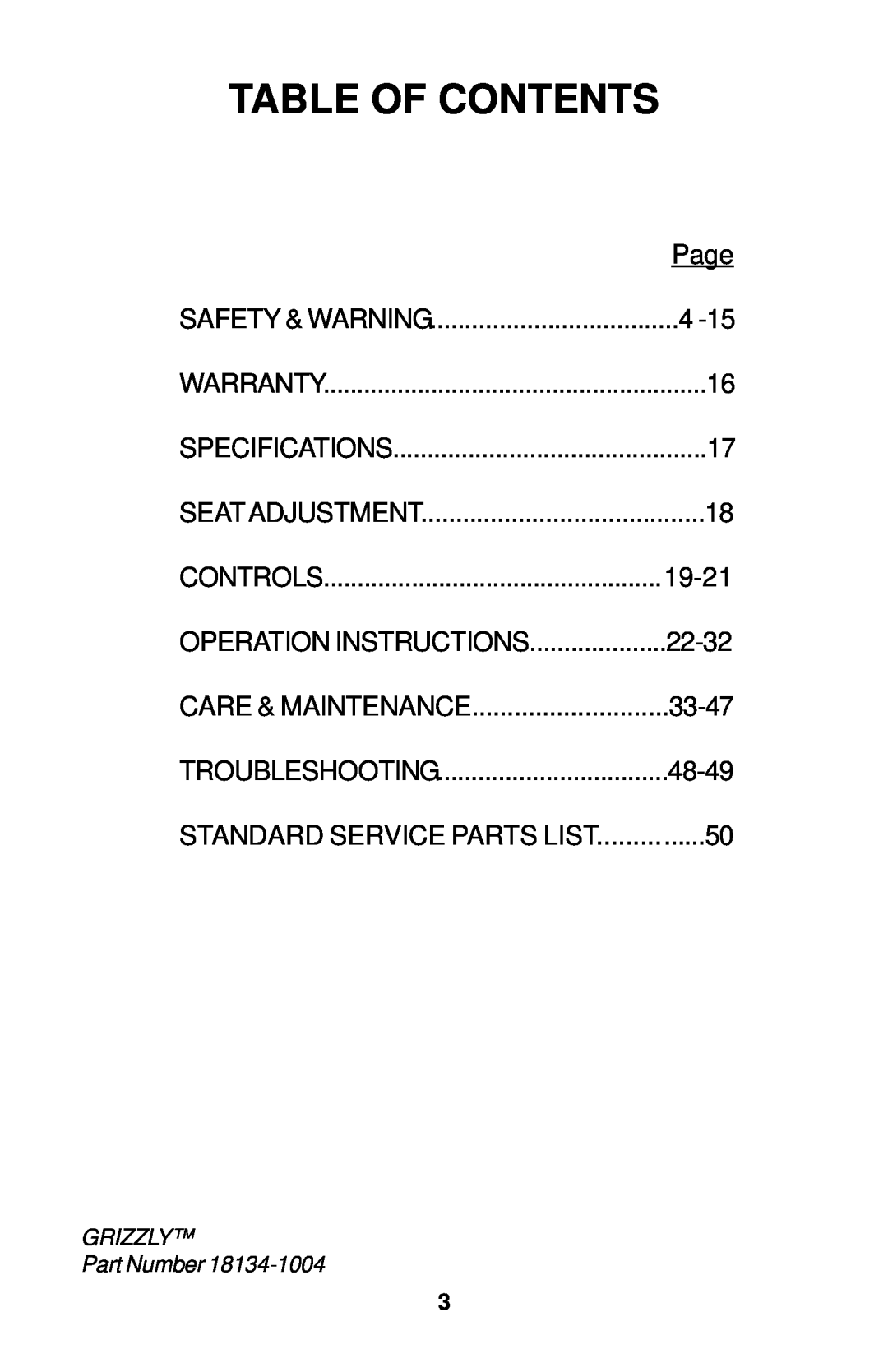 Dixon 18134-1004 manual Table Of Contents 