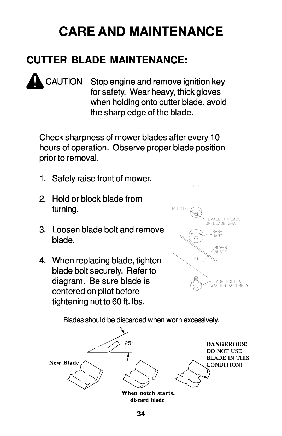 Dixon 18134-1004 manual Cutter Blade Maintenance, Care And Maintenance 