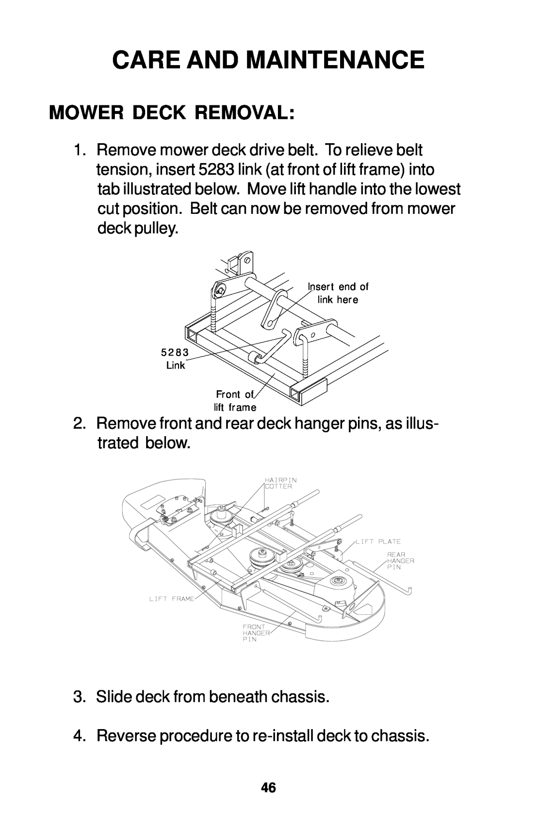 Dixon 18134-1004 manual Mower Deck Removal, Care And Maintenance 