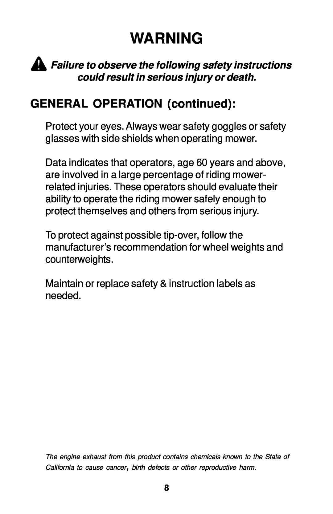 Dixon 18134-1004 manual GENERAL OPERATION continued 