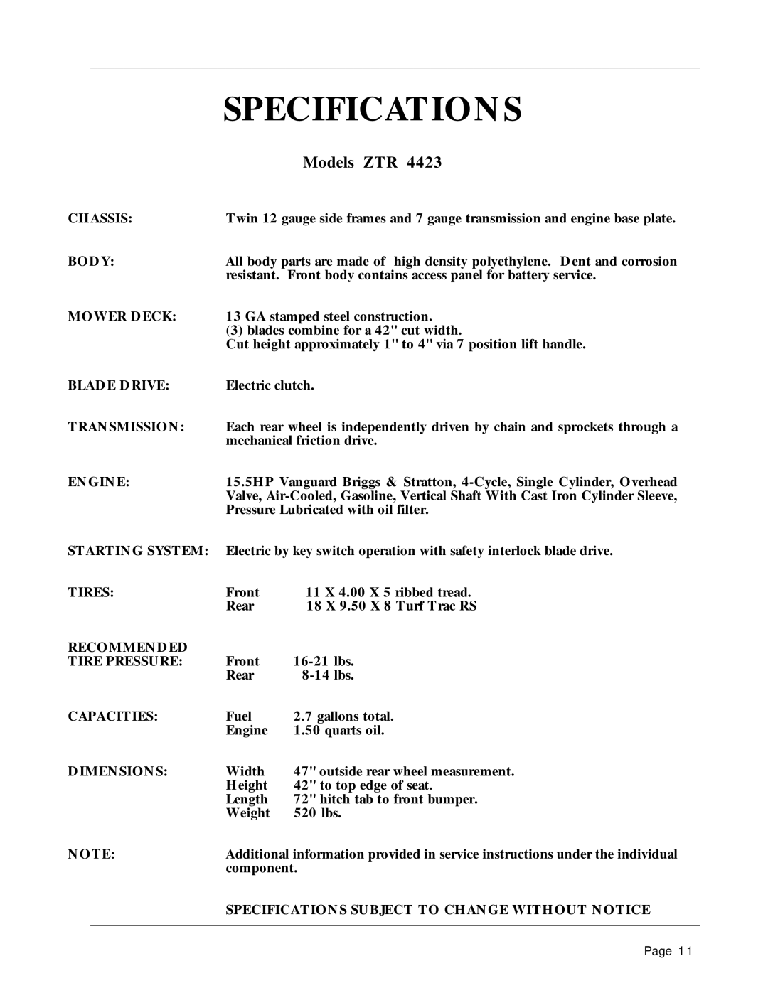 Dixon 1856-0599 manual Specifications 