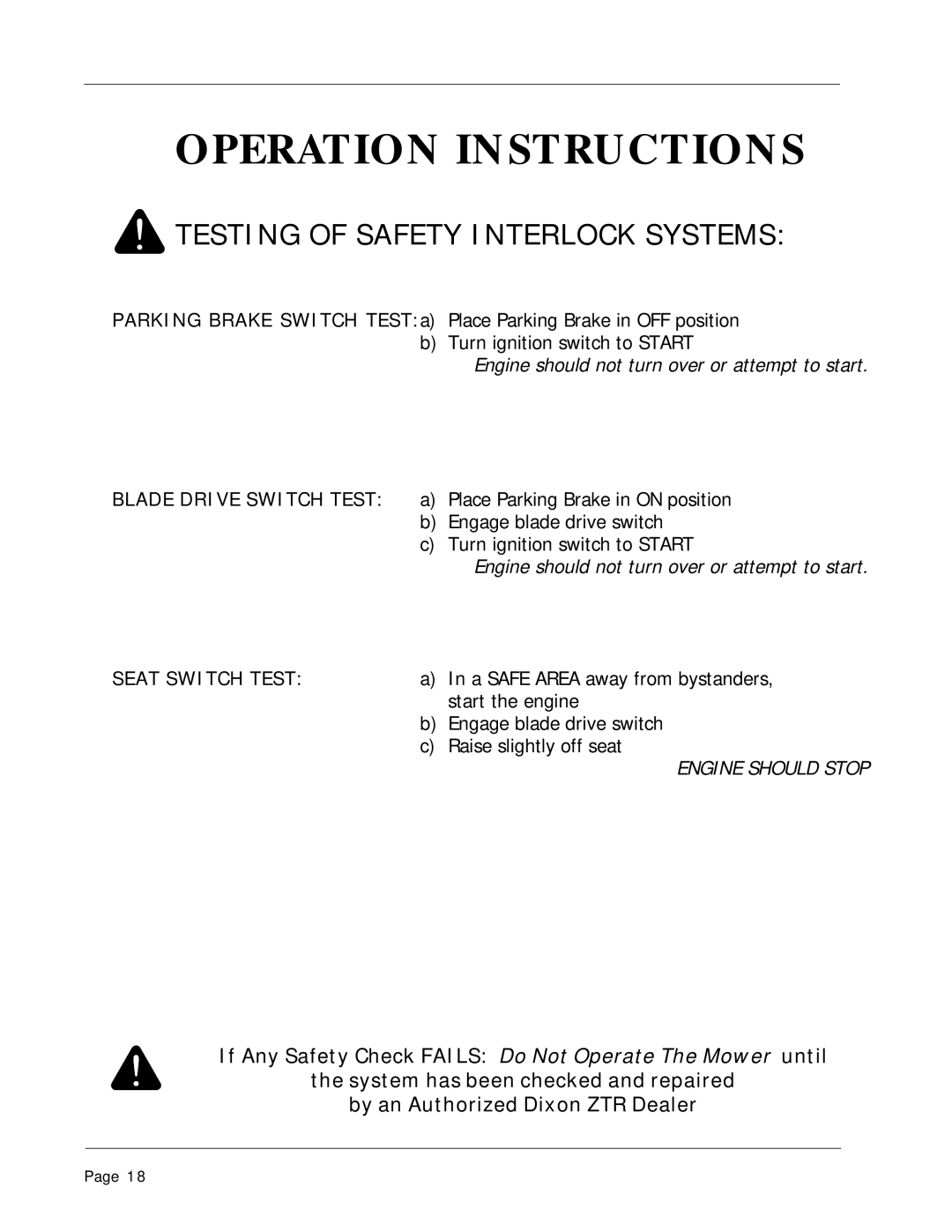 Dixon 1856-0599 manual Testing of Safety Interlock Systems 