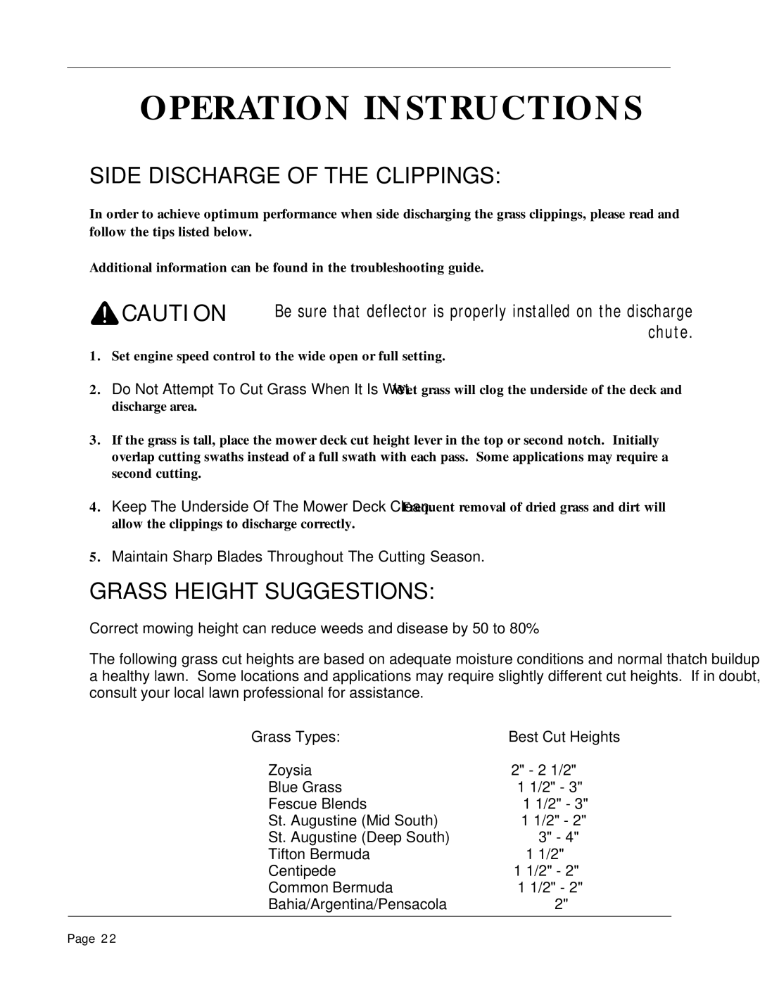 Dixon 1856-0599 manual Side Discharge of the Clippings, Grass Height Suggestions 