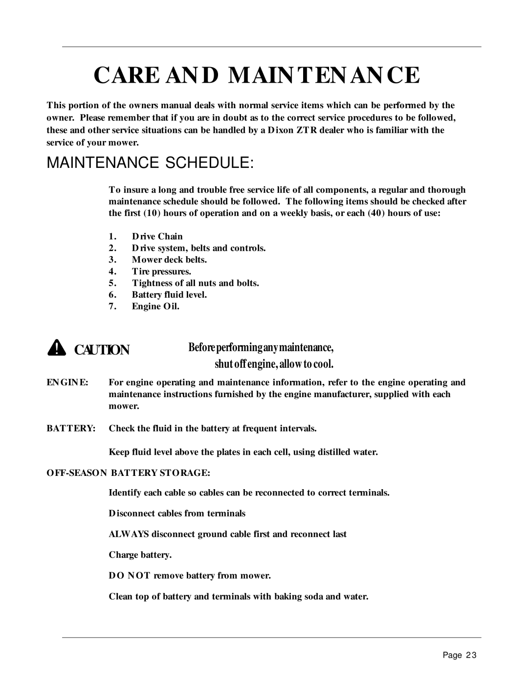 Dixon 1856-0599 manual Care and Maintenance, Maintenance Schedule, OFF-SEASON Battery Storage 