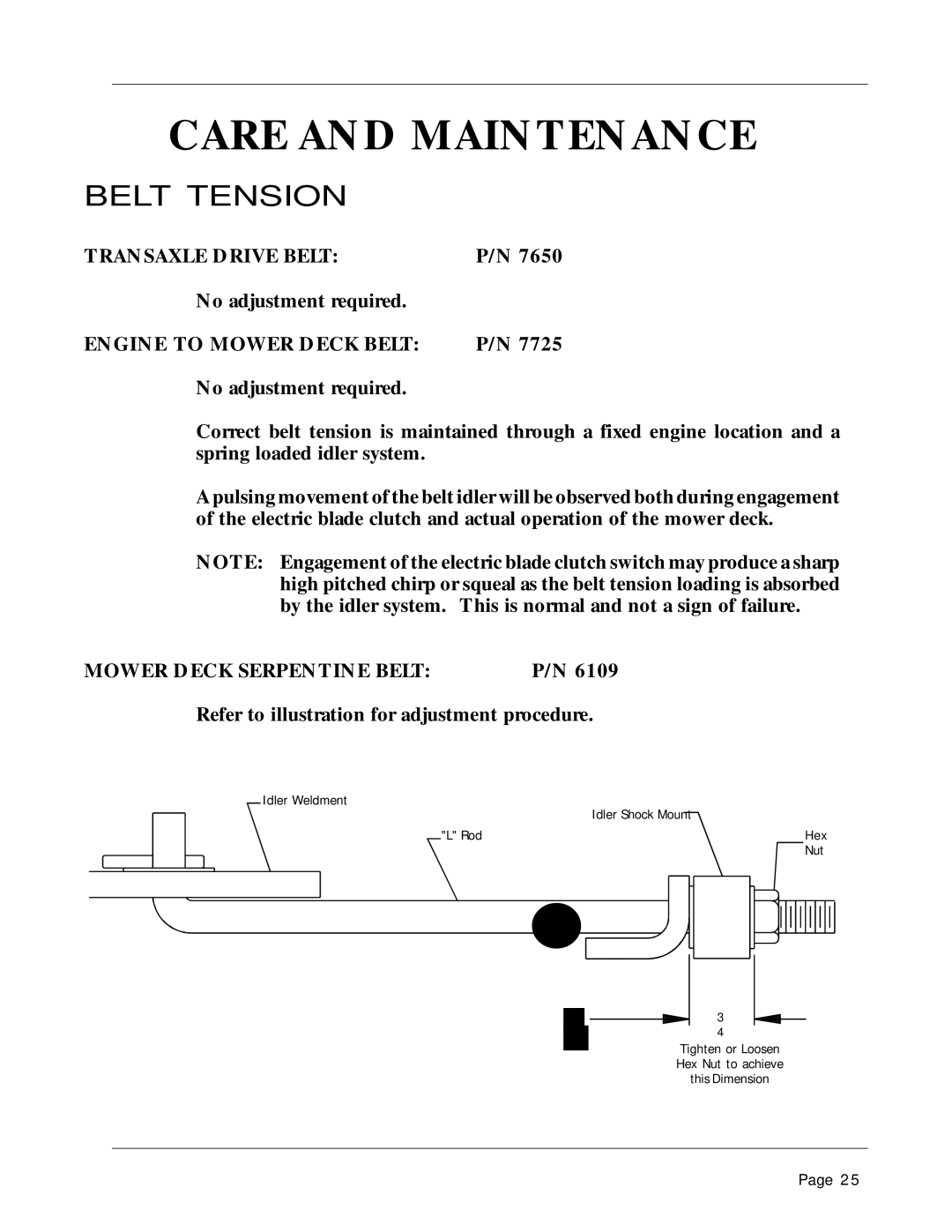 Dixon 1856-0599 manual Belt Tension, Engine to Mower Deck Belt 