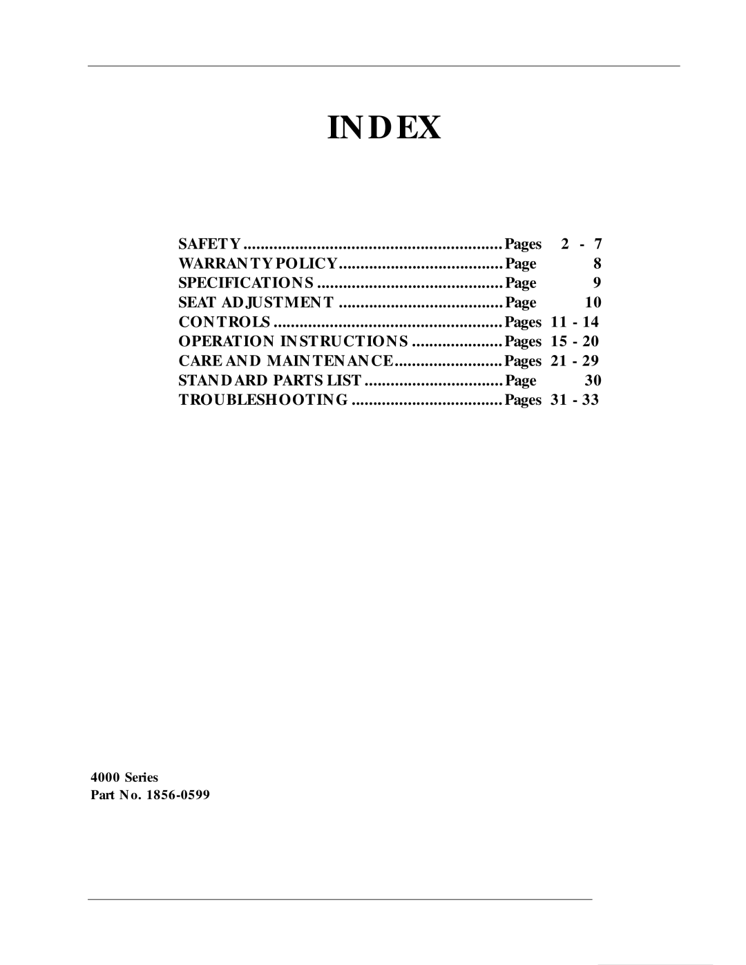 Dixon 1856-0599 manual Index, Pages 