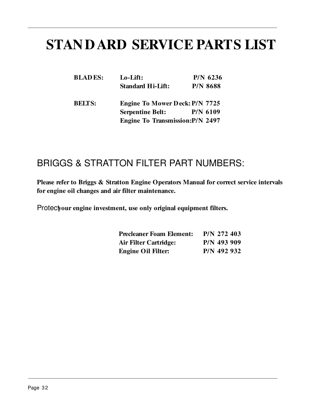 Dixon 1856-0599 manual Standard Service Parts List, Briggs & Stratton Filter Part Numbers 