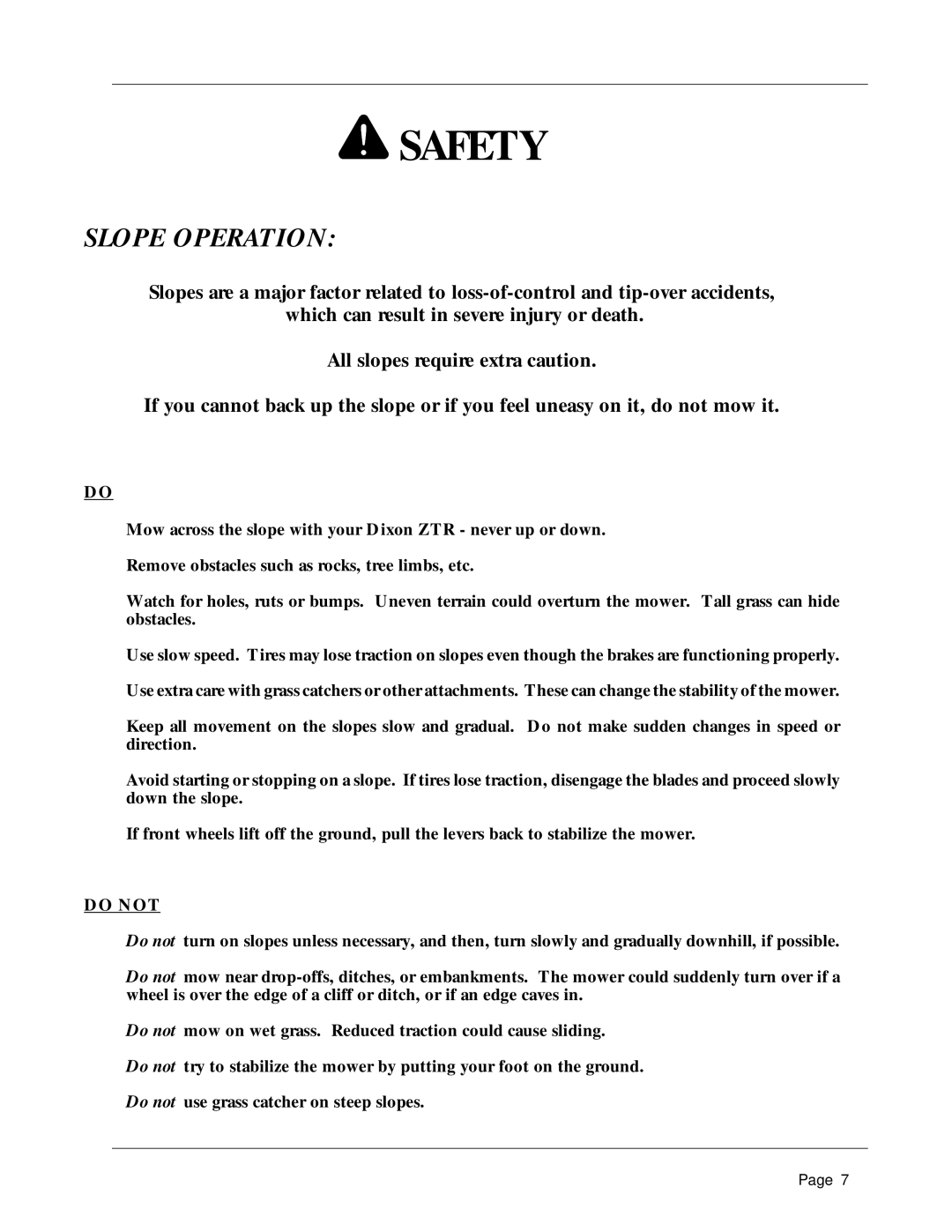 Dixon 1856-0599 manual Slope Operation, Do not 